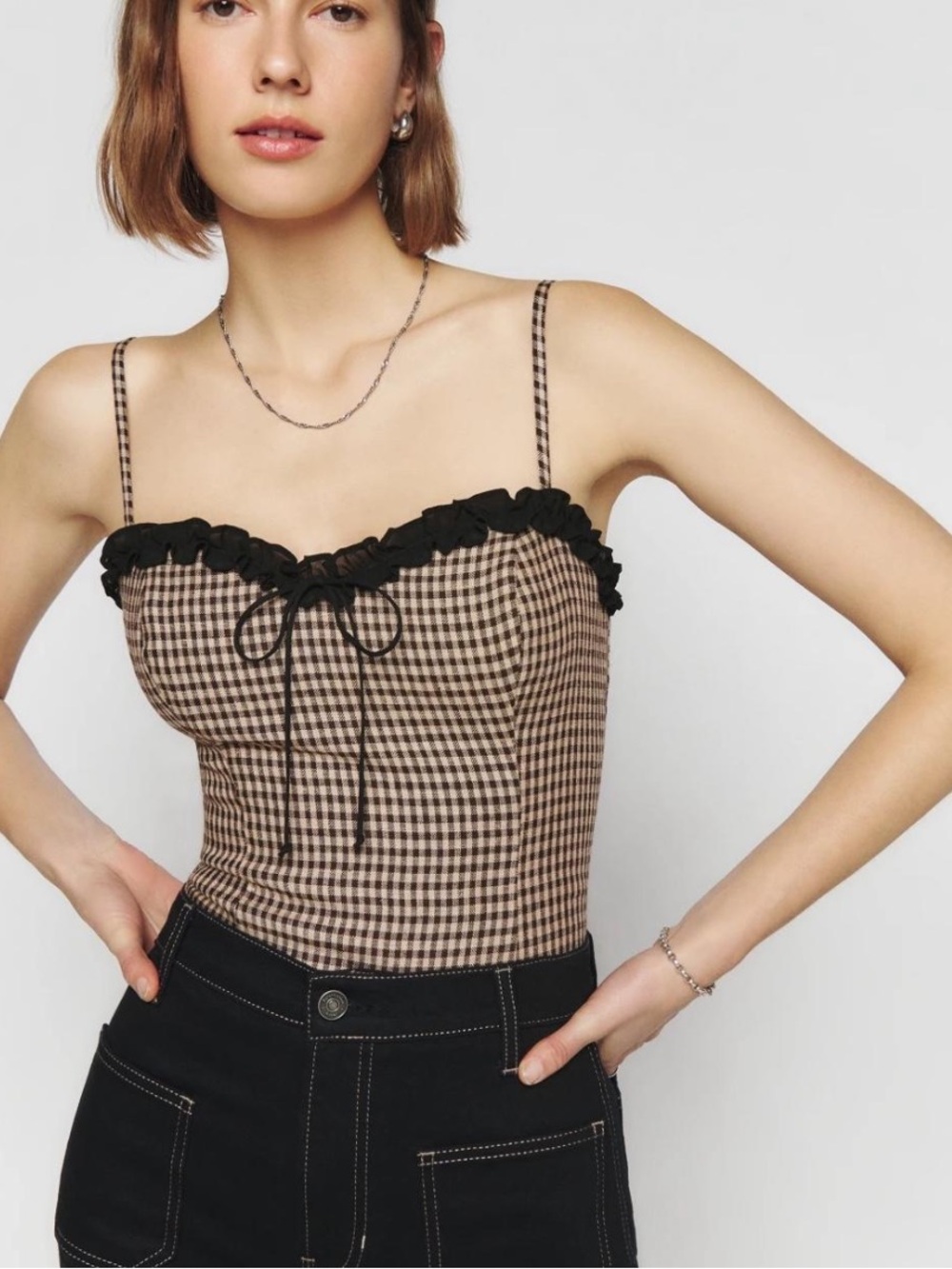 Reformation Skylar Linen Top Size 4 Gingham Checkered Brown Black